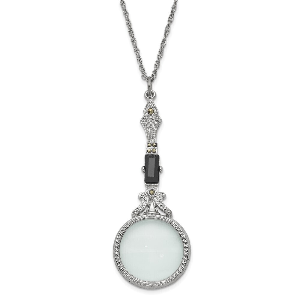 Black Glass Stone, Marcasite Vintage Handle 4-5X Magnifying Glass 28" Necklace